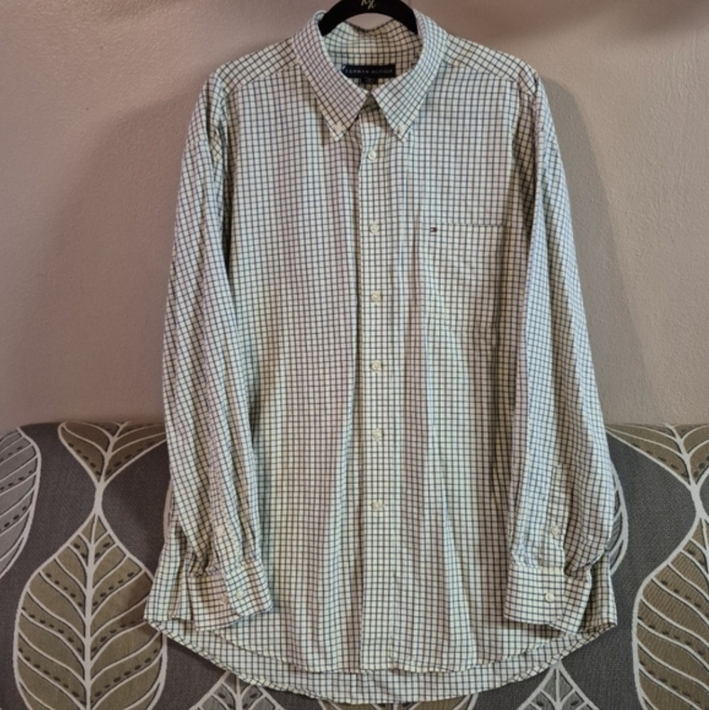 Tommy Hilfiger Men's XL 100% Cotton Yellow/Blue Plaid Gingham Button Down